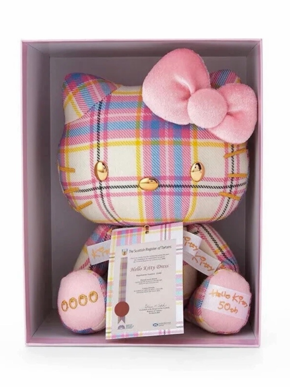 Hello Kitty Plush 50th Anniversary Scottish made- Pink Plaid - Gold Accents LE